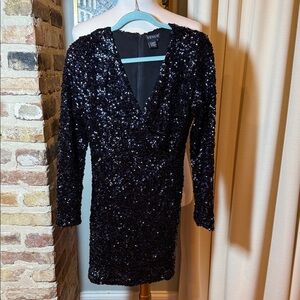 VENUS Black Long-Sleeve wrap Sequin Mini Dress size Large